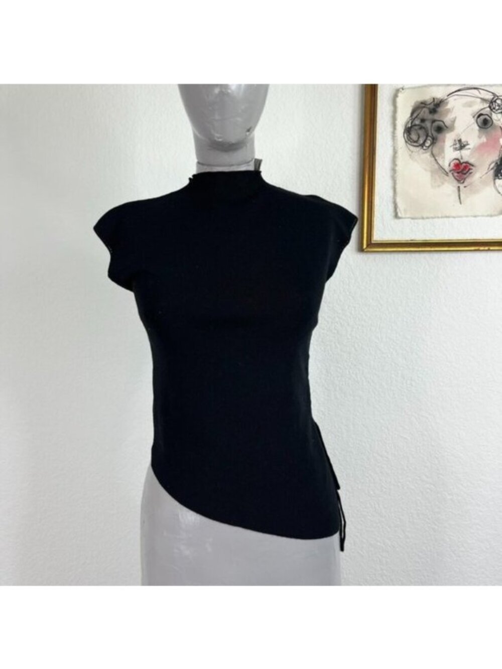 EGGKA Ribbed High Neck Lade Up Caged Cap Sleeve Button Nape Sweater
